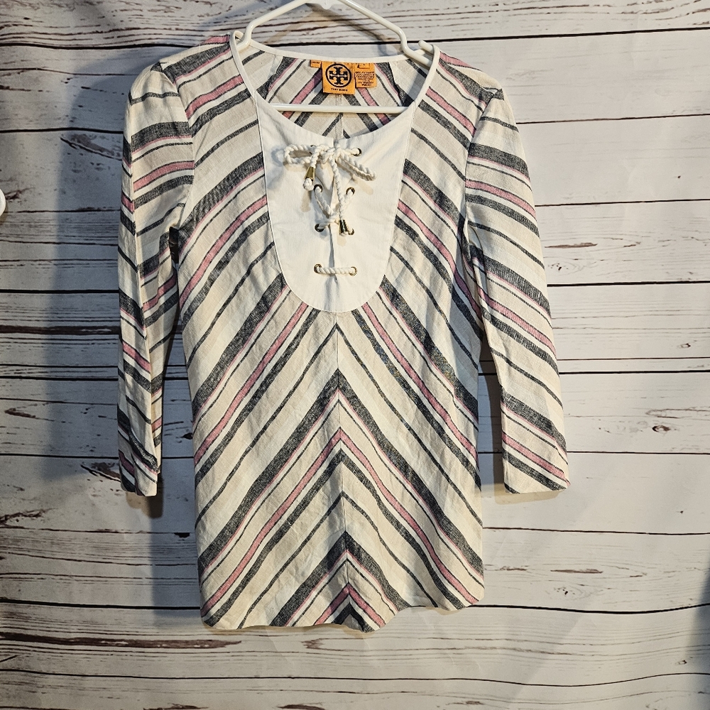 Tory Burch Top Striped‎ 3/4 Sleeve Lace Up Neckline Pink Navy White Size 6